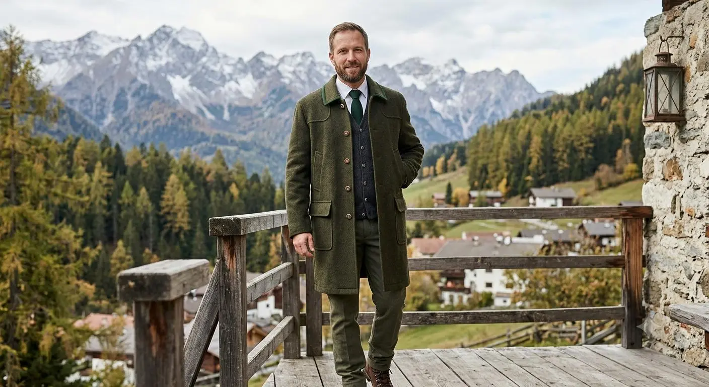 Herrenmode Editorial: Mann in Mantel und Anzug